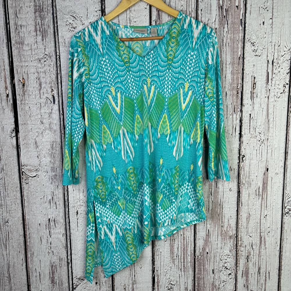 Easywear by‎ Chico’s 1 Women’s Medium Multicolor Asymmetrical Hem Tunic Blouse